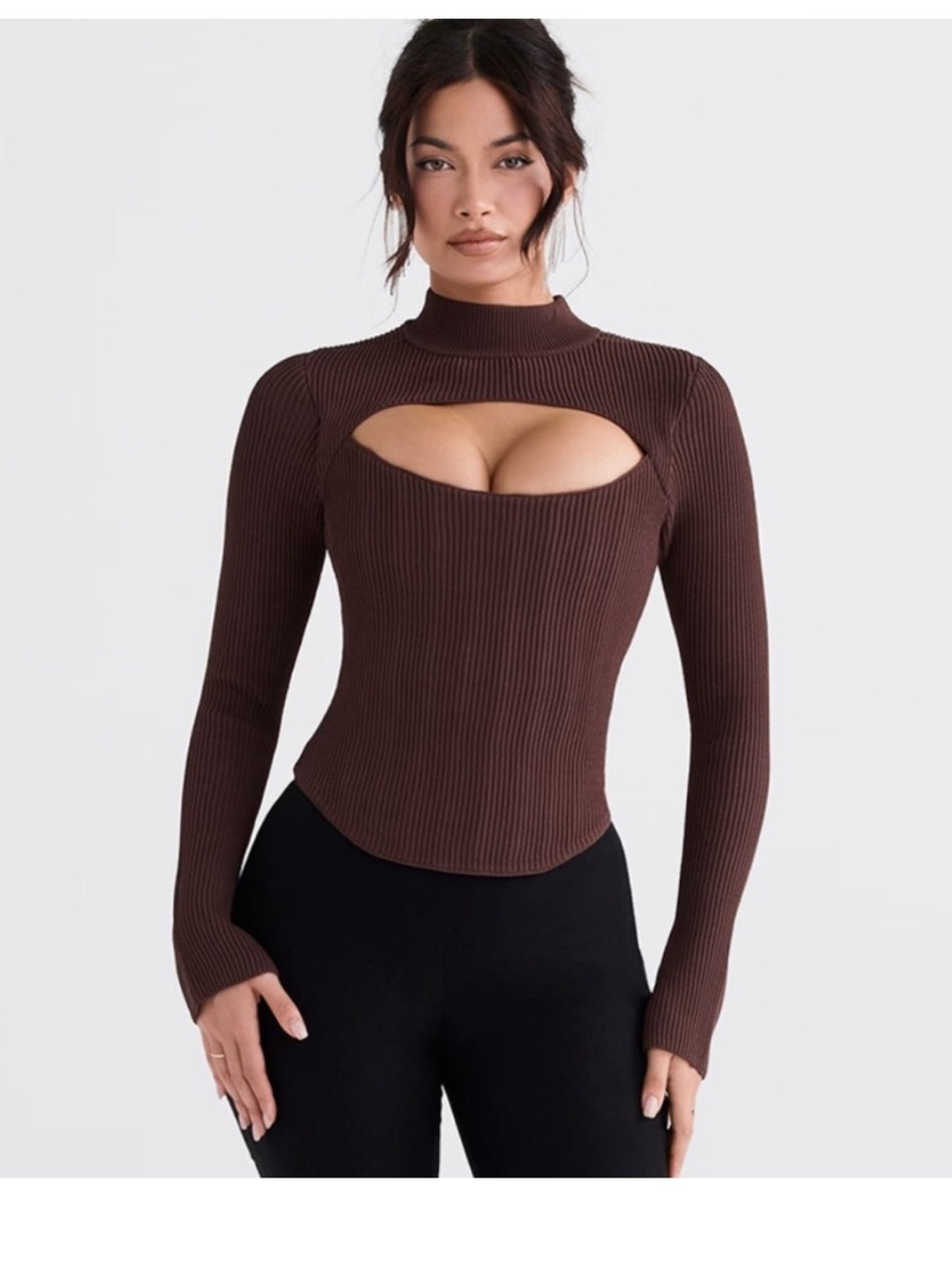 House of CB Brown Ribbed Cutout Long Sleeve Top